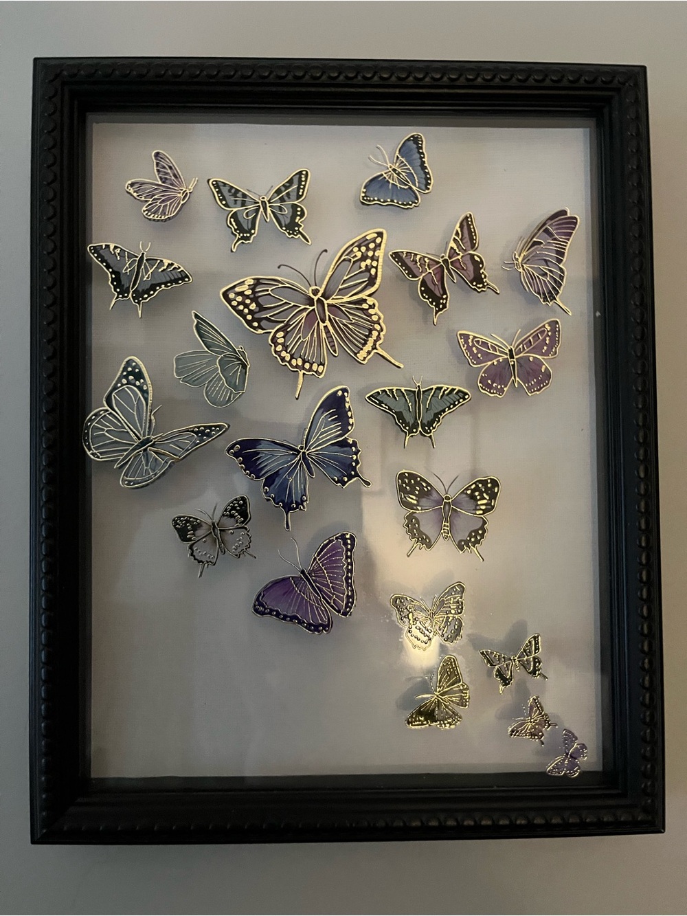 2 Modern Framed Metallic Butterfly Wall Art - Black Frame Aprox 10x8 inches